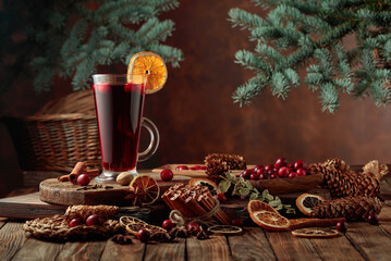 Obraz na płótnie Canvas Hot Christmas drink with spices and fruits on an old wooden table.