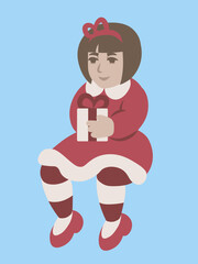 Sitting smiling short brown haired girl in red Christmas dress with present in her hands. Simple abstract isolated vector illustration.
