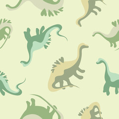 Green seamless dinosaur pattern with hearts on backs. Children's print with green dinosaurs, baby pattern for fabric or textiles, for wrapping paper, for nursery. Decorative Jurassic dino wallpaper.