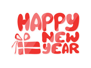 Lettering illustration - Happy New Year. Festive inscription for winter holidays. Red translucent New Year's lettering with diagonal decorative stripes and illustration of gift box, Christmas present.