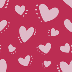 Cute baby pink pattern with hearts and spots, dots, love texture, romantic print. Seamless pattern for fabric or textile, with cute hearts, hand drawn children's print, Valentine's Day wallpaper.