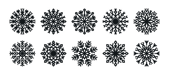 Set of crystal snowflakes of different geometric shapes. Winter flat vector decorative elements, snow flake ornament for New Year's holidays, frostwork illustrartion. Snowflake winter design, decor.