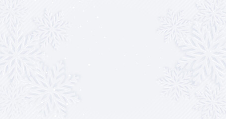 Elegant light grey white background with snowflakes and star bokeh. Glowing sequins. Abstract elegant banner. New year 2023 greeting card. Deluxe Merry Christmas BG. Premium sale ad backdrop. Stripes