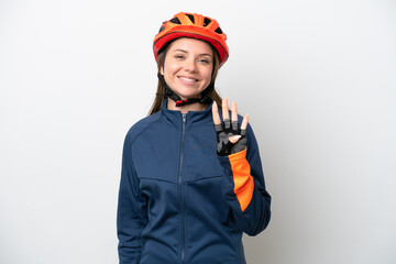 Young cyclist Lithuanian woman isolated on white background happy and counting four with fingers