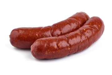 Smoked german sausages, isolated on white background.