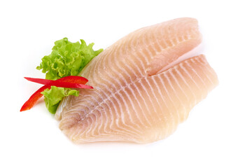 Tilapia fish fillet, isolated on white background.