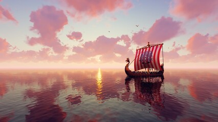 Viking ship in the ocean - obrazy, fototapety, plakaty