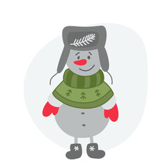 Cute snowman in red hat in flat. Christmas symbol.