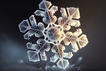 close-up of a snowflake on a black background in wintertime weather. 