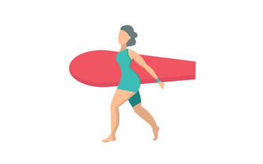 an elderly woman goes surfing, senior people activity, flat vector illustration