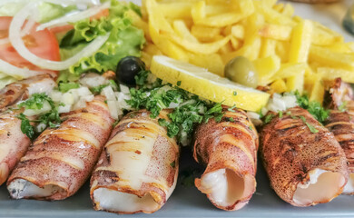 View of plated food, Healthy grilled cuttlefish dish stuffed with vegetable salad and fried potatoes, portuguese typical dish, regional cuisine: sliced tomato, lettuce, onion, olives and lemon slice