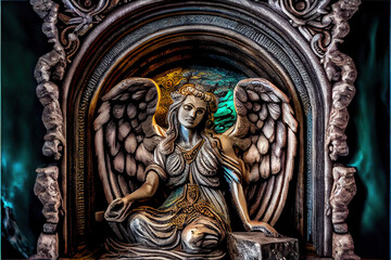 Fototapeta na wymiar Angel woman with 2 wings meditation yoga figure craved from stone generative ai 