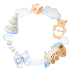 Round frame wreath of children's toys in blue and beige colors, watercolor illustration