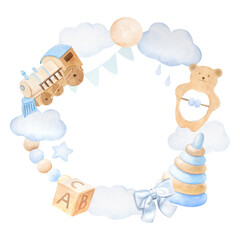 Round frame wreath of children's toys in blue and beige colors, watercolor illustration