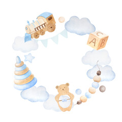 Round frame wreath of children's toys in blue and beige colors, watercolor illustration