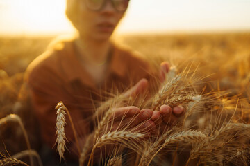 Farmer woman checking wheat field progress in a wheat field. Harvesting. Agro business.