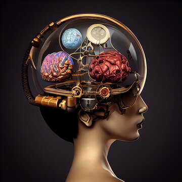 Enhanced artificial intelligence. Brain in a big lantern integrated into artificial intelligence