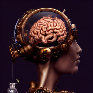 Enhanced artificial intelligence. Brain in a big lantern integrated into artificial intelligence
