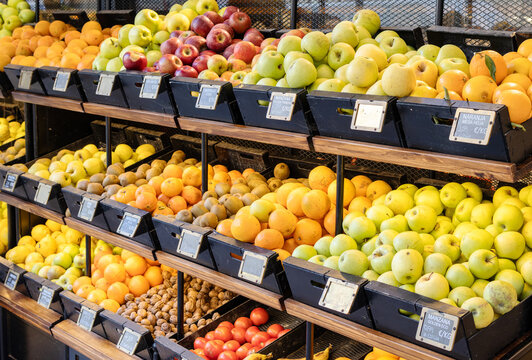 Variety of Organic fruit displayed outside a fruit and vegetable shop