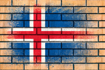 Flag of Iceland. Flag painted on a brick wall. Brick background. Copy space. Textured background