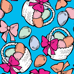 Easter seamless vector pattern with flowers, eggs, basket, spring decorative elements. Hand drawn illustration for textile print, fabric design, party decoration, scrapbooking, wallpaper and wrapping.