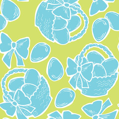 Easter seamless vector pattern with flowers, eggs, basket, spring decorative elements. Hand drawn illustration for textile print, fabric design, party decoration, scrapbooking, wallpaper and wrapping.