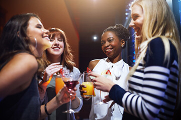 Club drinks, night and women at a party, happy hour and social celebration for happiness. Disco communication, diversity and friends at an event with cocktails at a nightclub with music and smile