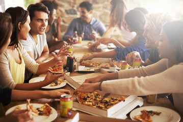 Fast food, pizza and party with a friends at a restaurant in celebration of a birthday or event...
