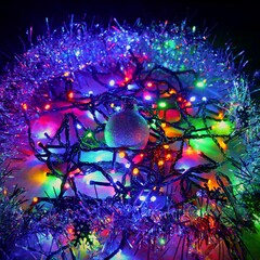 Christmas lights on the tree. Colorful abstract background for winter time and Christmas holidays.