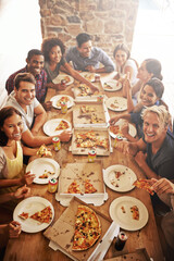 Friends, portrait and pizza party, table and happy smile with diversity, social and celebration at...