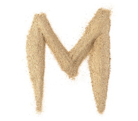 Sand alphabet letter M, isolated on white, clipping path - obrazy, fototapety, plakaty
