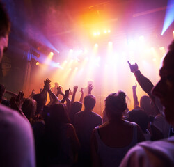 Crowd, stage lights and live band music in party event, nightclub festival or dance floor concert....