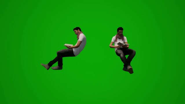 3D European male tourist on green screen sitting and talking on the phone and checking the phone in several different angles