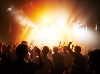 Music concert, band or silhouette audience with music, rock and live performance, energy and...