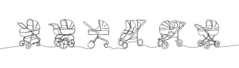 Fototapeta na wymiar A set of modern baby strollers winter and summer version one line art. Continuous line drawing of childhood, safety, protection, transportation, personal, classic style, for winter.