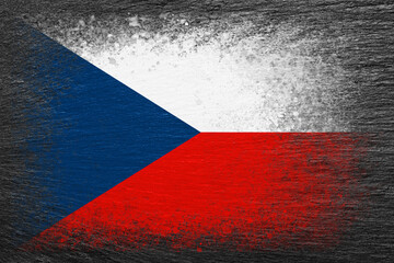 Flag of Czech Republic. Flag is painted on black slate stone. Stone background. Copy space. Textured background