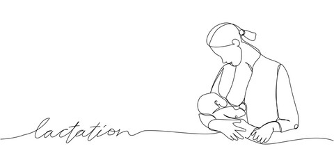 Obraz premium Mom breastfeeds a newborn one line art with an inscription lactation. Continuous line drawing of newborn, motherhood, family, love, child, breastfeeding, lactation, healthy lifestyle.