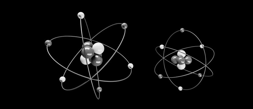3D illustration model of an atom with nucleus, electrons, protons and neutrons orbiting in a circular path, science research isolated on black background