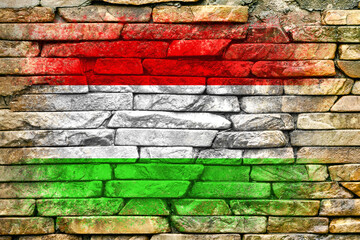 Fototapeta premium Flag of Hungary. Flag is painted on a stone wall. Stone background. Copy space. Textured background