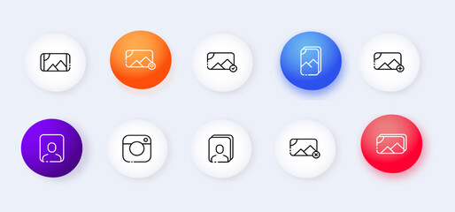 Pictures set icon. Photo, portrait, landscape, shutter, orientation, capture the moment, heart, like, creativity, creative occupation, photography, edit, color correction. Neomorphism style