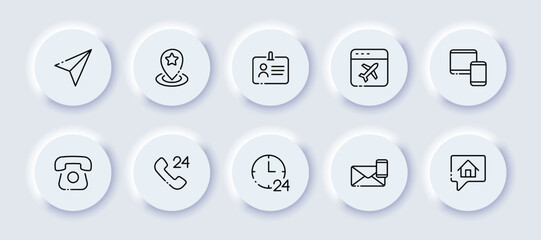 Contact us set icon. Phone, pointer, send message, handset, calls, check mark, communication, alarm, correspondence, sms, fax. Phone concept. Neomorphism. Vector line icon for Business