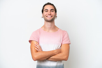 Caucasian handsome man isolated on white background keeping the arms crossed in frontal position