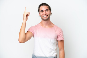 Fototapeta premium Caucasian handsome man isolated on white background pointing up a great idea