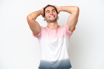 Caucasian handsome man isolated on white background laughing