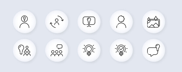 Inspiration set icon. reasoning, Development, think, thought, note, Invented, theory, progress, solution, idea, conjecture. Concept Thinking concept. Neomorphism style. Vector line icon for Business