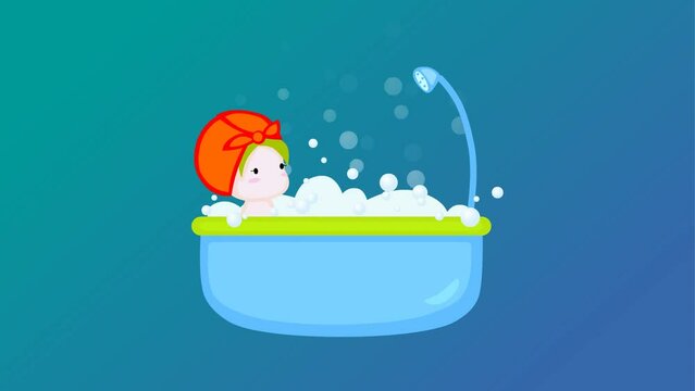 cartoon baby kid in a bathtub 2d animation background and 4k resolution