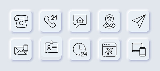 Contact us set icon. Location, handset, , pointer, send message, handset, calls, check mark, communication, airplane, correspondence, sms, fax. Phone concept. Neomorphism. Vector line icon