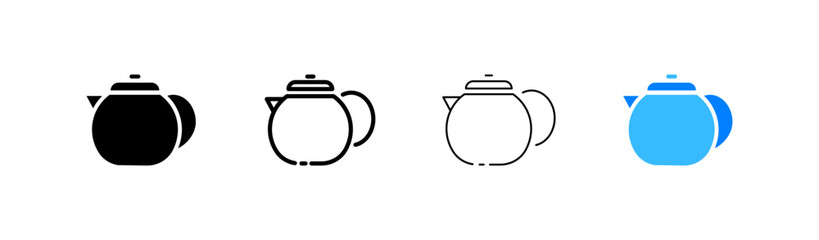 Kettle set icon. Coffee machine, teapot, tea bag, latte, cappuccino, americano, mug, tea, tea bag, herb, coffee bean. Coffe house concept. Vector four icon in different style on white background