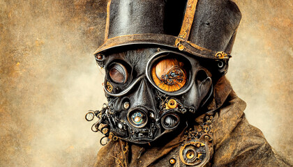 Face of man in an old leather gas mask - obrazy, fototapety, plakaty