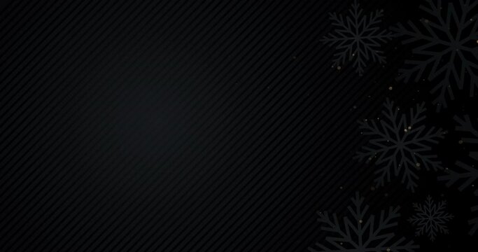 4k luxury animated background with snowflakes and gold sequins. Black and golden elegant banner. New year 2023 greeting card. Abstract random moving frame for social media. Deluxe Merry Christmas BG